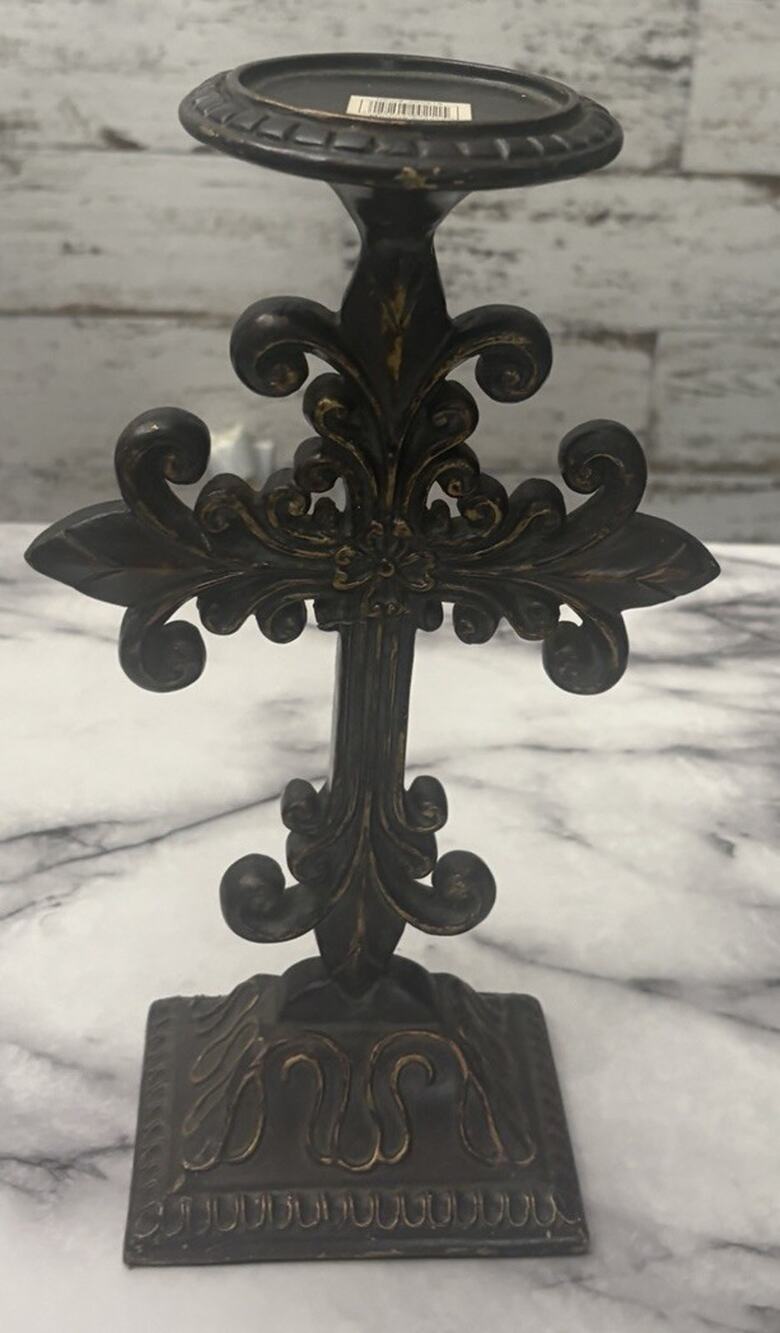 Vintage Cast Iron Cross Candle Holder Heavy Rustic Metal 13.5 In